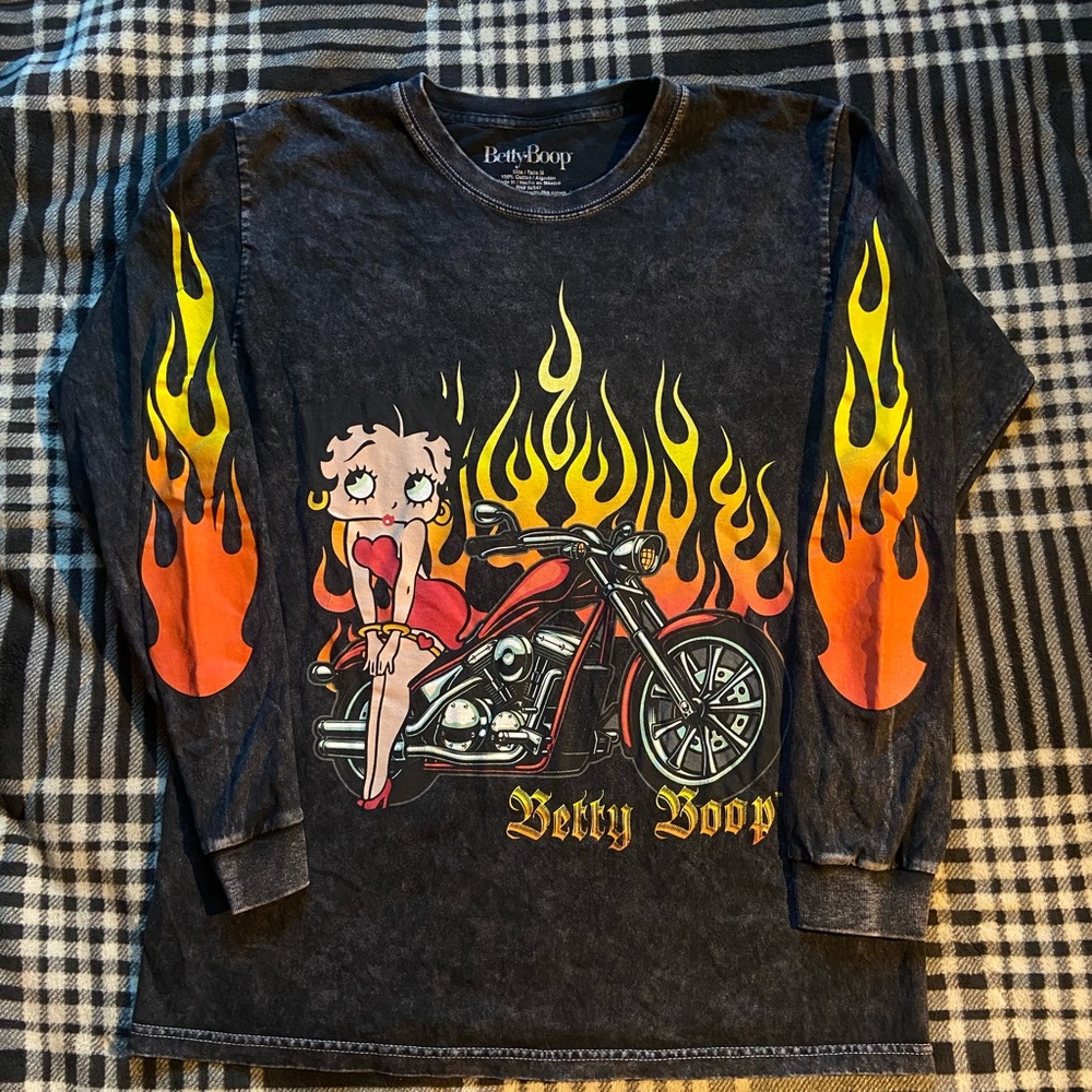 Betty Boop Black and Orange Long Sleeve Tee with Flames